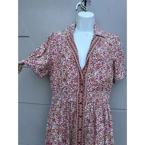 In Loom Floral Border Print Button Front Midi Dress Sz S Feminine Cottagecore - Picture 5 of 14